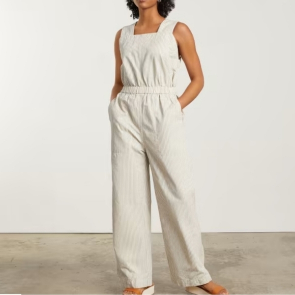 Everlane Fatigue Apron Jumpsuit Cream Navy Stripe Sz 4 Organic - Picture 1 of 16